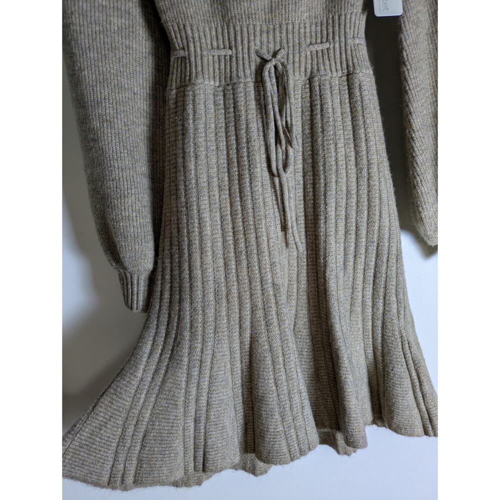 MABLE Brown Knit Balloon Sleeve Scoop Neck Ribbed Mini Sweater Dress Tie Waist - Picture 3 of 7